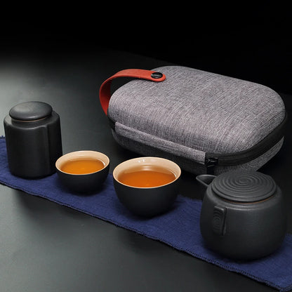 Creative Gift Outdoor Travel Office Quik Cup 1 Teapot 2 Cup Zen Black Ceramic Coarse Pottery Japanese Kung Fu Tea Free shipping