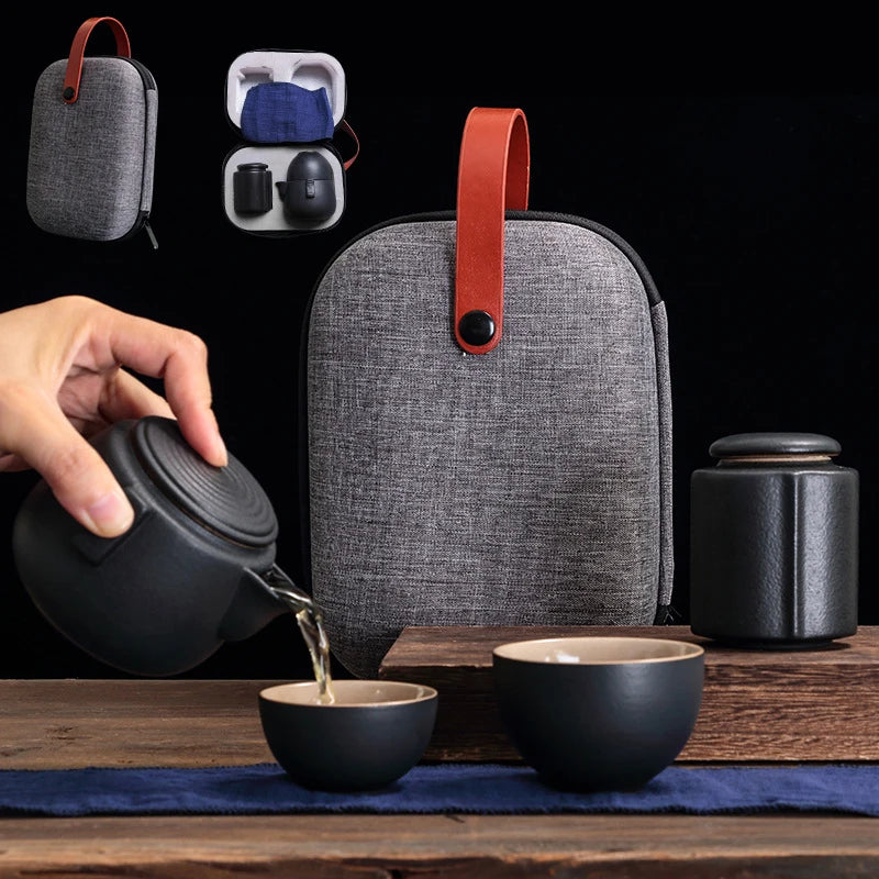 Creative Gift Outdoor Travel Office Quik Cup 1 Teapot 2 Cup Zen Black Ceramic Coarse Pottery Japanese Kung Fu Tea Free shipping
