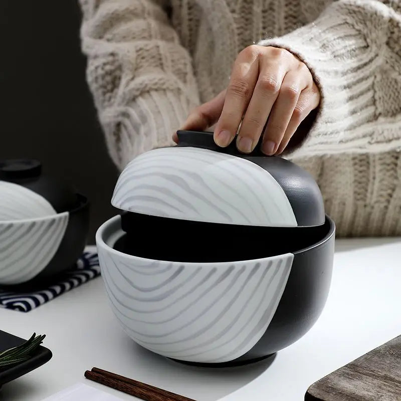 Creative Hand-painted Ceramic Tableware Bowl with Lid Household Personalized Bowl Simple Soup Bowl and Vegetable Bowl