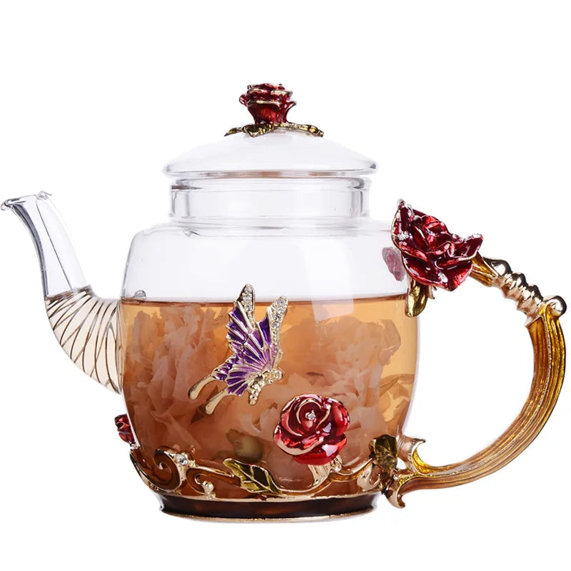 Creative Hand-painted Enamel Color Tea Pot Heat-resistant Glass Single Pot Japanese Teapot Tea Infuser Pu Erh Kettle Gaiwan Set