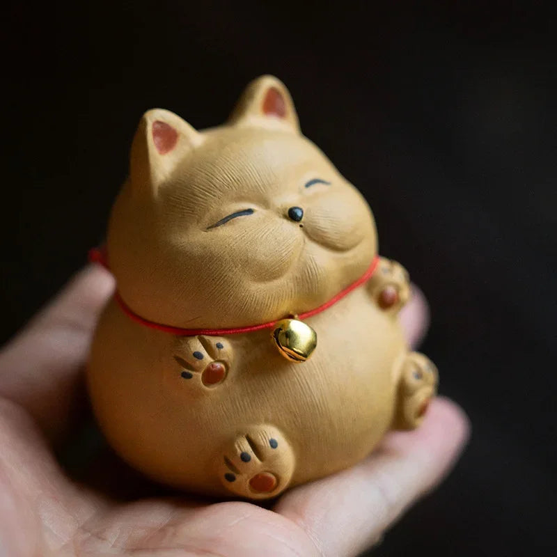 Creative Purple Clay Cat Tea Pet Lovely Wealth Cat with Small Bell Haughty Cat Ornaments Lovely Tea Play Table Decorations