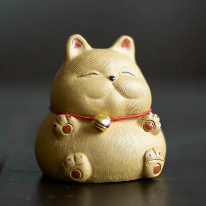 Creative Purple Clay Cat Tea Pet Lovely Wealth Cat with Small Bell Haughty Cat Ornaments Lovely Tea Play Table Decorations