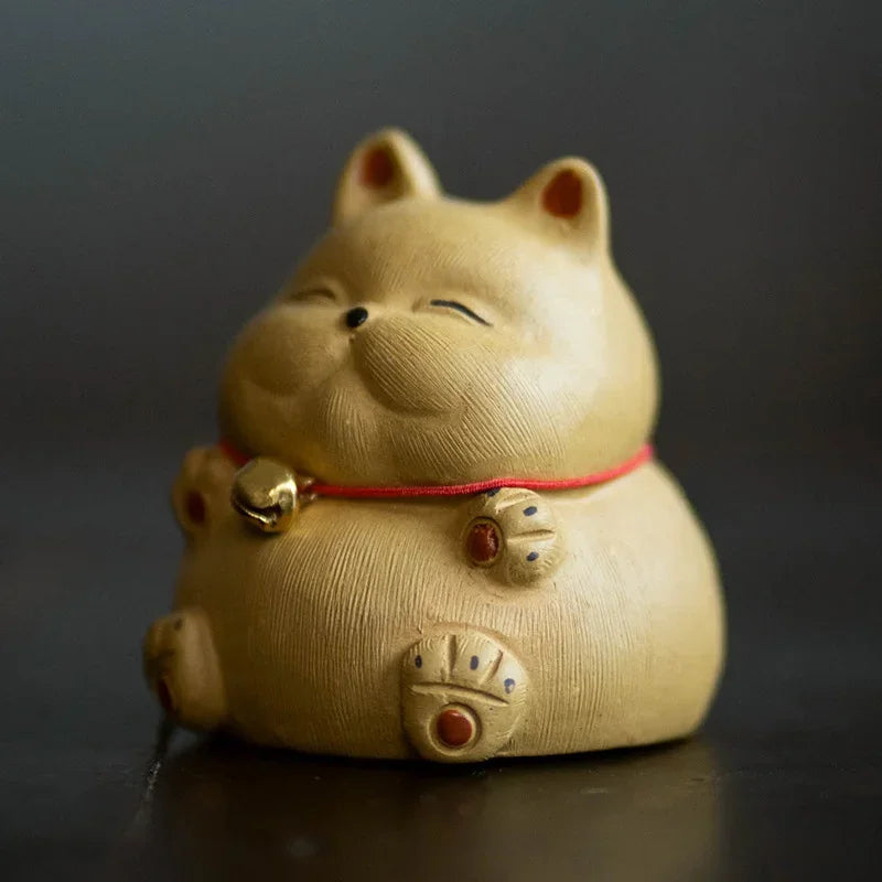 Creative Purple Clay Cat Tea Pet Lovely Wealth Cat with Small Bell Haughty Cat Ornaments Lovely Tea Play Table Decorations