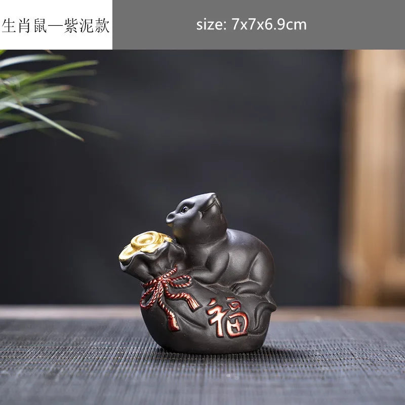 Creative Purple Sand 12 Zodiac Animal Decoration Chinese Handmade Tea Pet Lovely Feng Shui Tea Accessories Desktop Ornaments