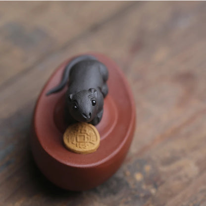 Creative Tea Pet Mouse on Money Wealthy Mascot Yixing Zisha Purple Clay Table Decoration Chinese Ornament Small Size On Sales