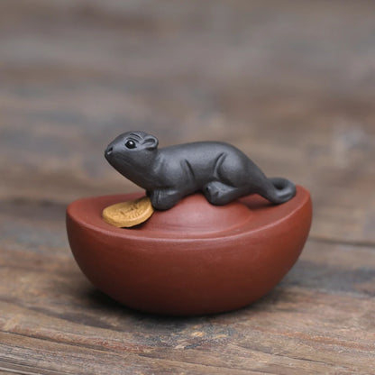 Creative Tea Pet Mouse on Money Wealthy Mascot Yixing Zisha Purple Clay Table Decoration Chinese Ornament Small Size On Sales