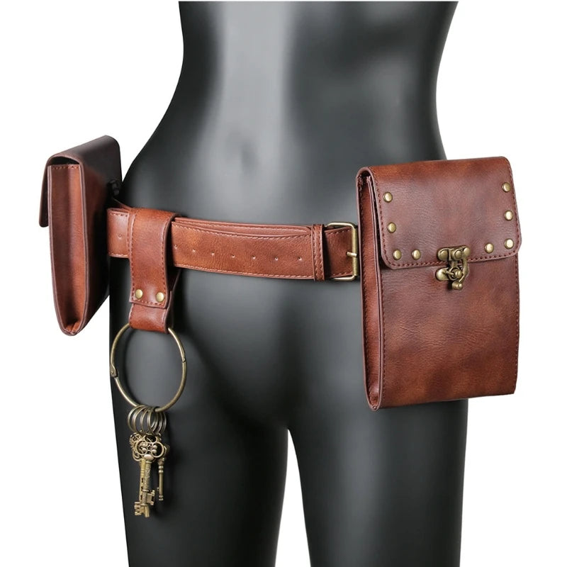 Creative Vintage Belt Leather Wallet Men Waist Pack Steampunk Double Pouch Bag