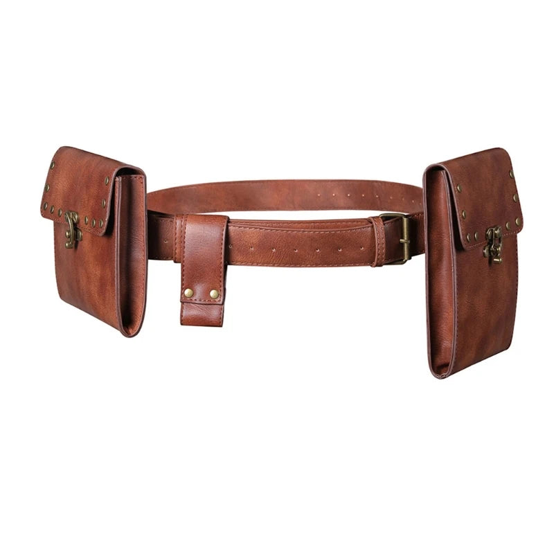 Creative Vintage Belt Leather Wallet Men Waist Pack Steampunk Double Pouch Bag