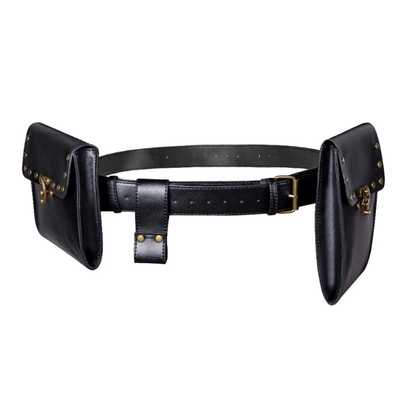 Creative Vintage Belt Leather Wallet Men Waist Pack Steampunk Double Pouch Bag