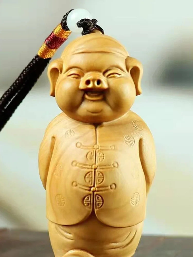 Creative Wood Carving Piggy pendant  cute wood carving modern art hand engraving Backpack Keychain Car Accessories Chinese gift