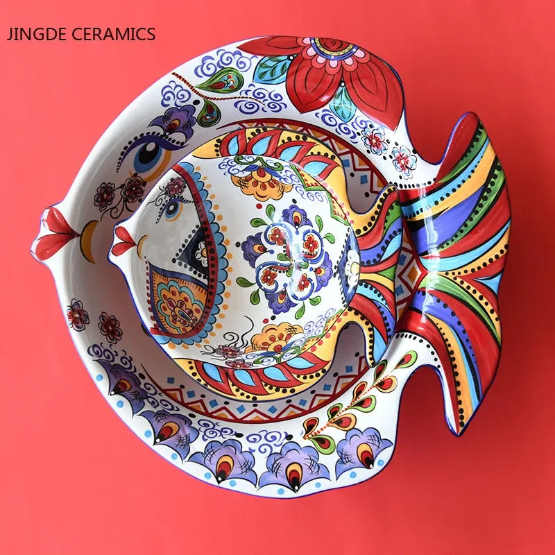 Creative hand-painted ceramic dish home kitchen tableware fish-shaped salad dessert cake bowl cute home fruit decoration plate