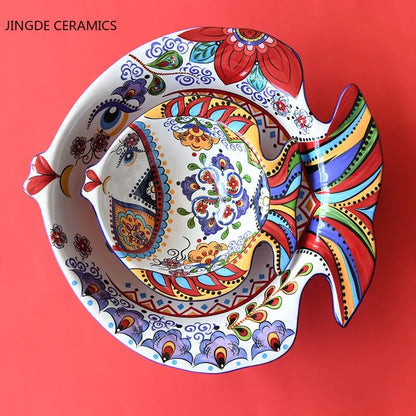 Creative hand-painted ceramic dish home kitchen tableware fish-shaped salad dessert cake bowl cute home fruit decoration plate