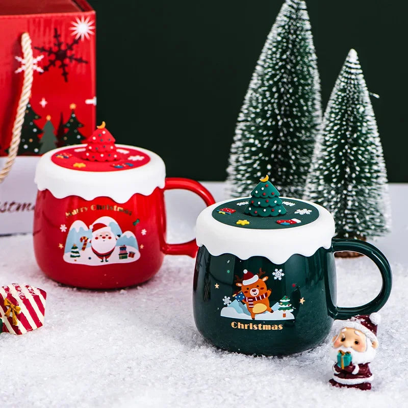 Creative high-beauty ceramic coffee mug  with cover cartoon lovely household water cup Christmas gift cup wholesale mugs