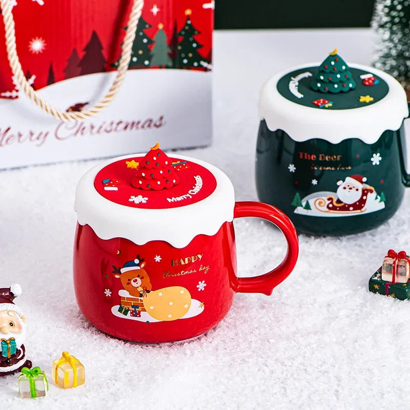 Creative high-beauty ceramic coffee mug  with cover cartoon lovely household water cup Christmas gift cup wholesale mugs