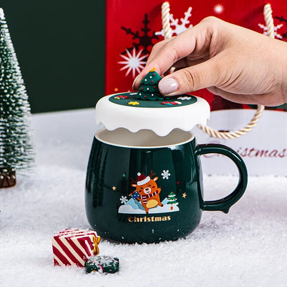 Creative high-beauty ceramic coffee mug  with cover cartoon lovely household water cup Christmas gift cup wholesale mugs