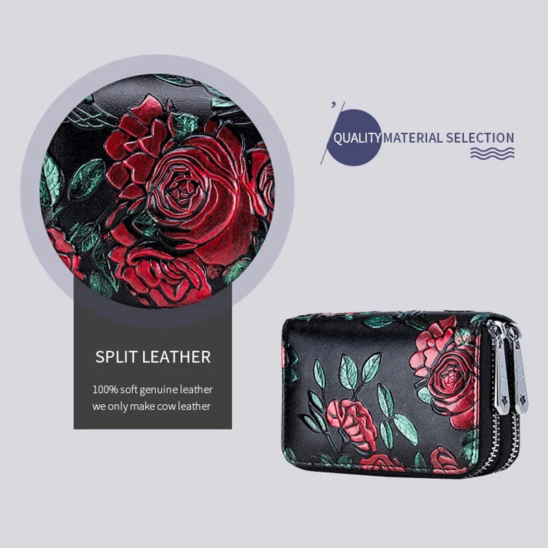 Credit Holder s for Women RFID Blocking Small Flowers Painted Leather Card Case Double Zipper Accordion Wallet