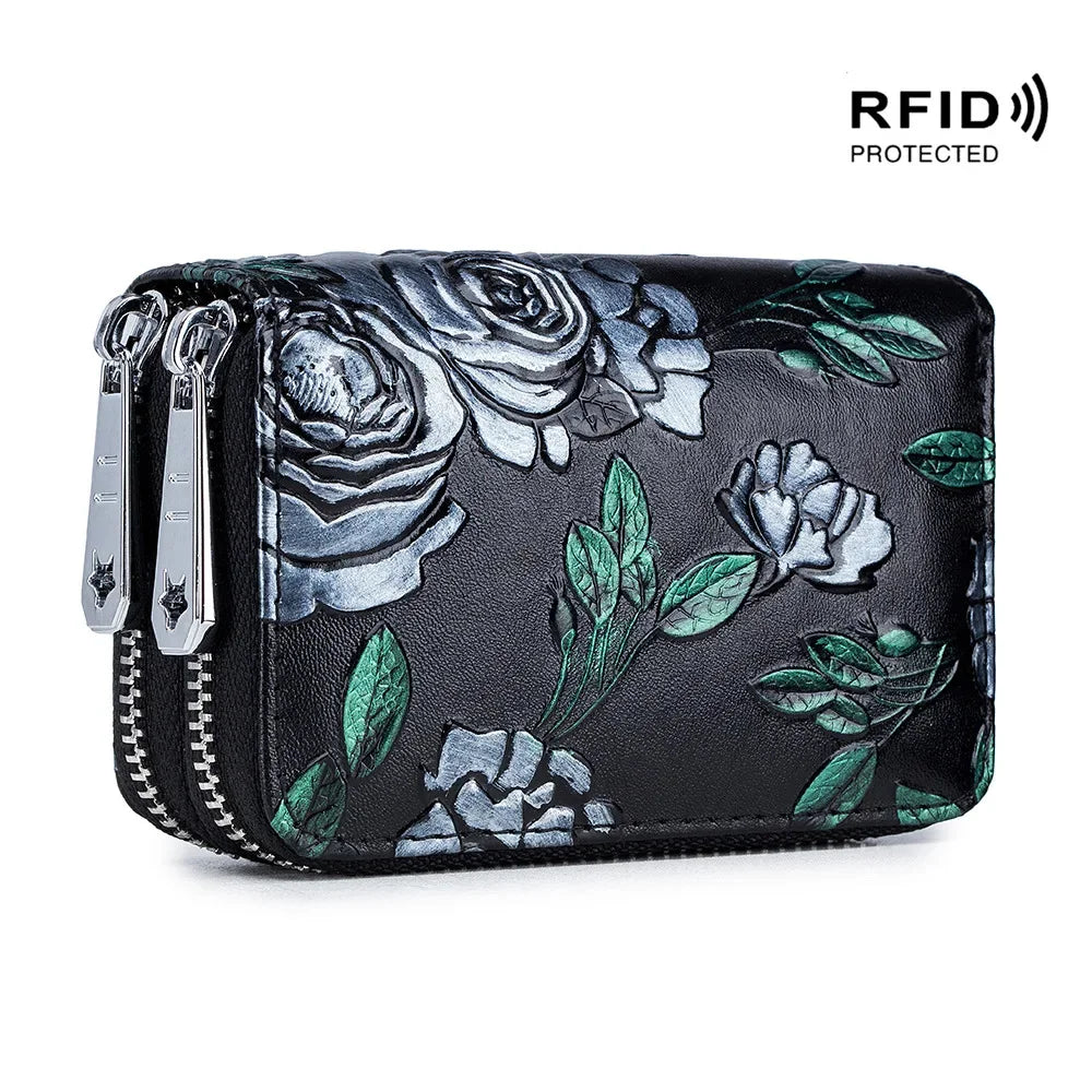Credit Holder s for Women RFID Blocking Small Flowers Painted Leather Card Case Double Zipper Accordion Wallet