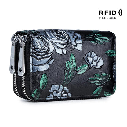 Credit Holder s for Women RFID Blocking Small Flowers Painted Leather Card Case Double Zipper Accordion Wallet