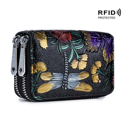 Credit Holder s for Women RFID Blocking Small Flowers Painted Leather Card Case Double Zipper Accordion Wallet
