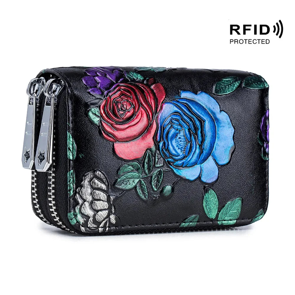Credit Holder s for Women RFID Blocking Small Flowers Painted Leather Card Case Double Zipper Accordion Wallet