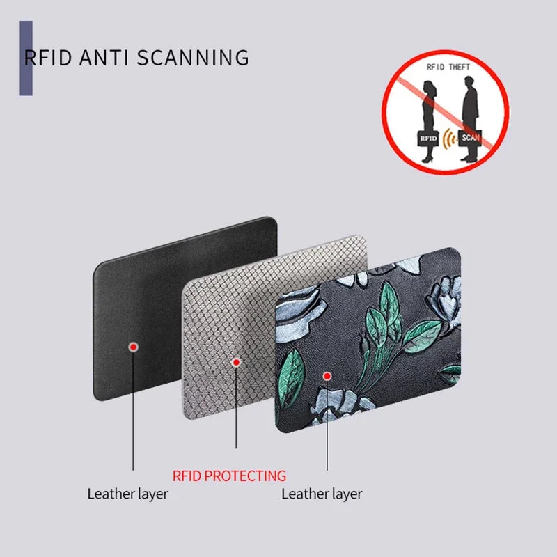 Credit Holder s for Women RFID Blocking Small Flowers Painted Leather Card Case Double Zipper Accordion Wallet