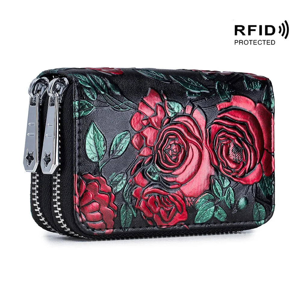 Credit Holder s for Women RFID Blocking Small Flowers Painted Leather Card Case Double Zipper Accordion Wallet