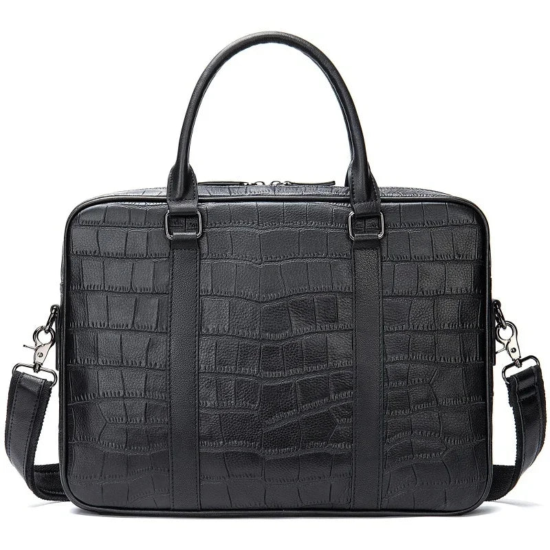 Crocodile Pattern Genuine Briefcase Business Cow Leather Handbag Multi-Functional Crossbody Daily Laptop Bag