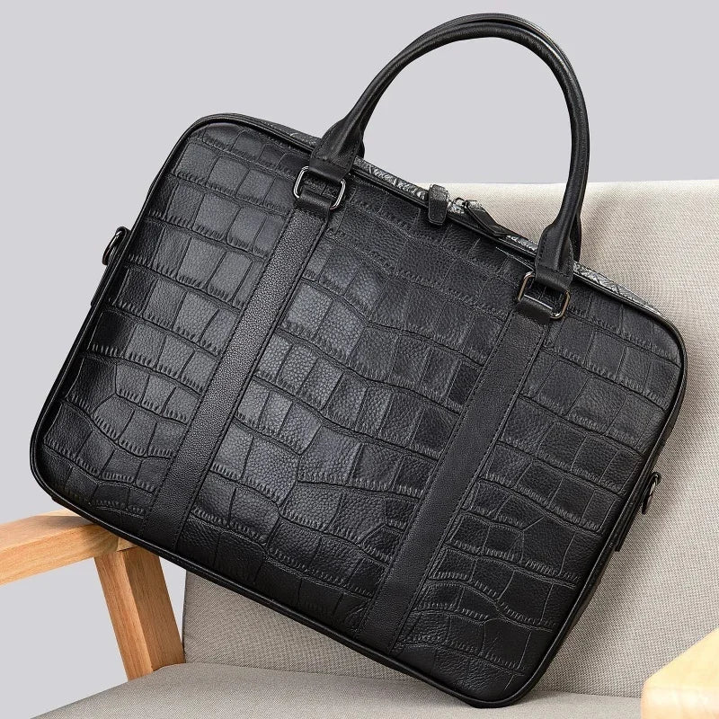 Crocodile Pattern Genuine Briefcase Business Cow Leather Handbag Multi-Functional Crossbody Daily Laptop Bag