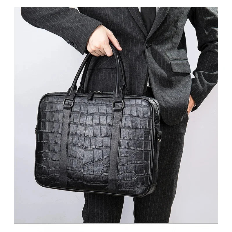 Crocodile Pattern Genuine Briefcase Business Cow Leather Handbag Multi-Functional Crossbody Daily Laptop Bag
