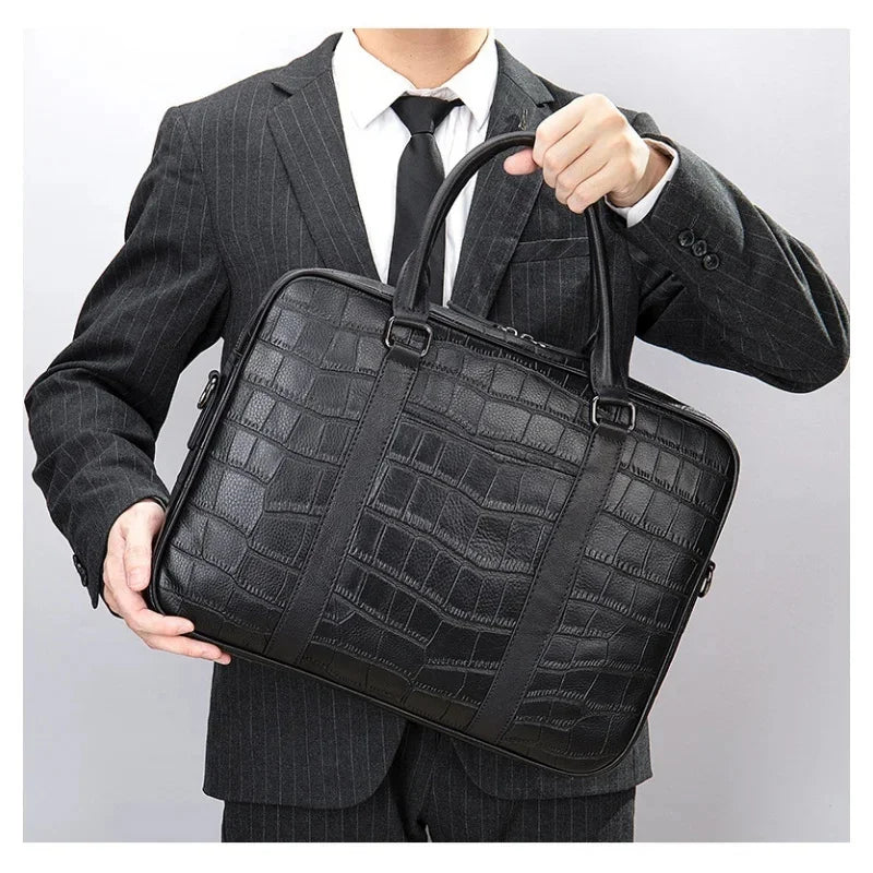 Crocodile Pattern Genuine Briefcase Business Cow Leather Handbag Multi-Functional Crossbody Daily Laptop Bag
