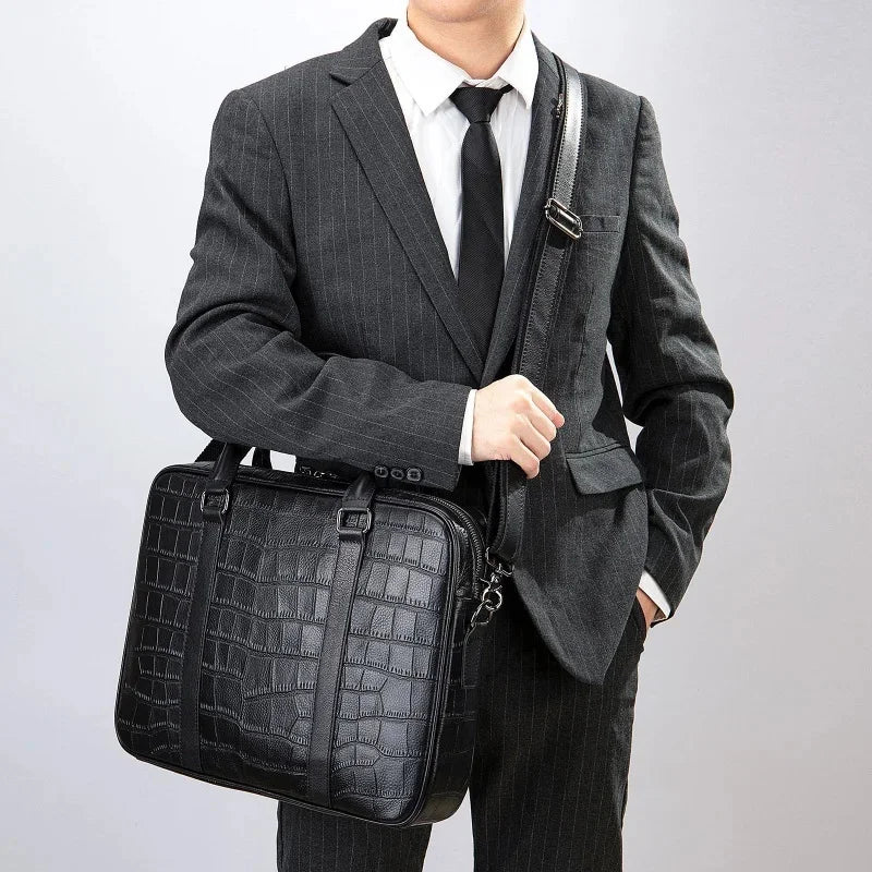 Crocodile Pattern Genuine Briefcase Business Cow Leather Handbag Multi-Functional Crossbody Daily Laptop Bag