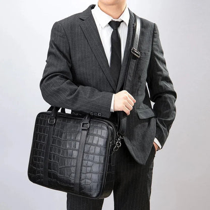 Crocodile Pattern Genuine Briefcase Business Cow Leather Handbag Multi-Functional Crossbody Daily Laptop Bag
