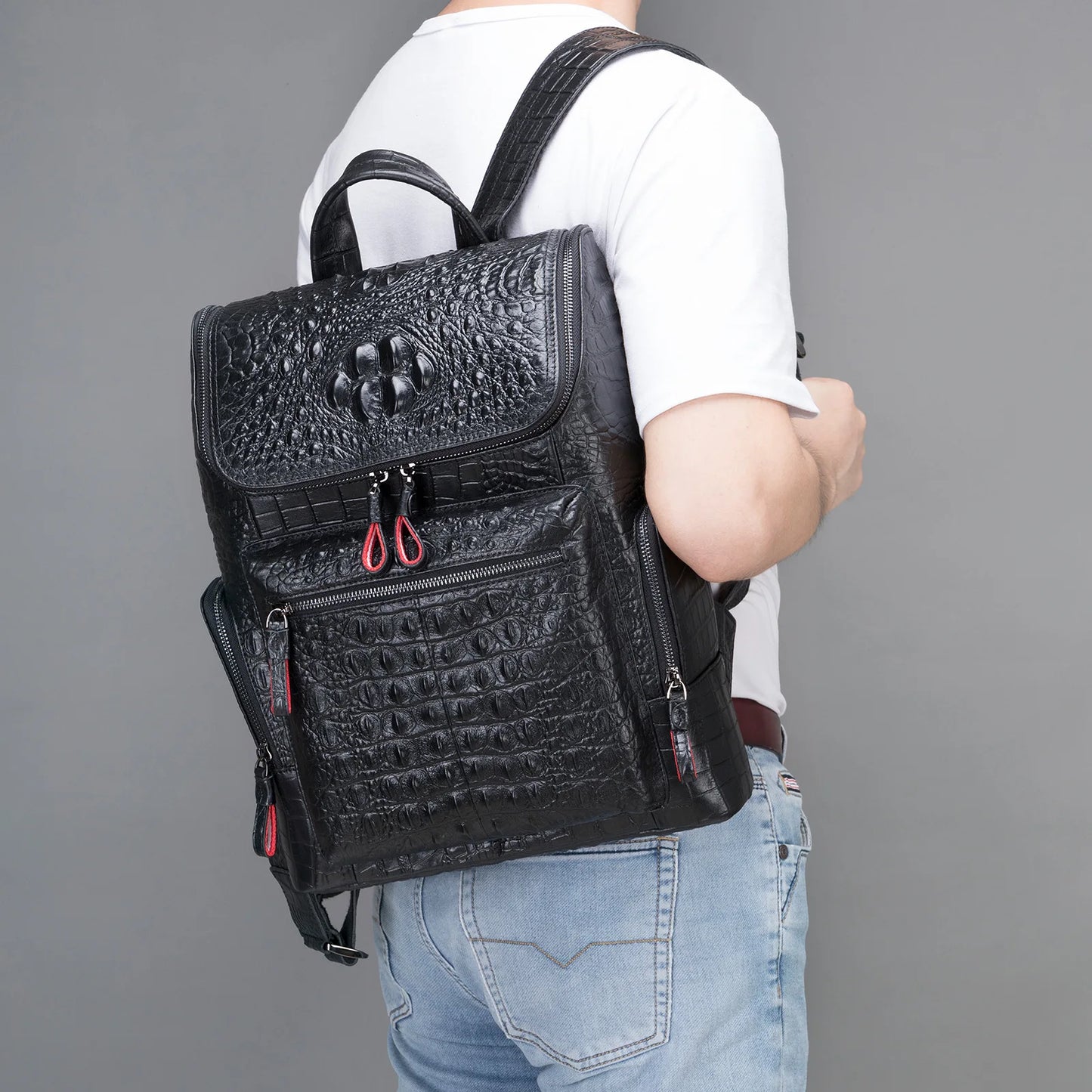 Crocodile Print Men's Leather Backpack Business Computer Backpack Cow Leather Crocodile Pattern Traveling Backpacks