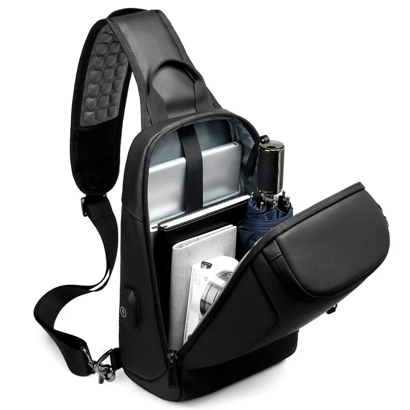 Crossbody Bag for 9.7 iPad Short Trip Chest Bag USB Charging Water Repellent Shoulder Messenger Bag Male