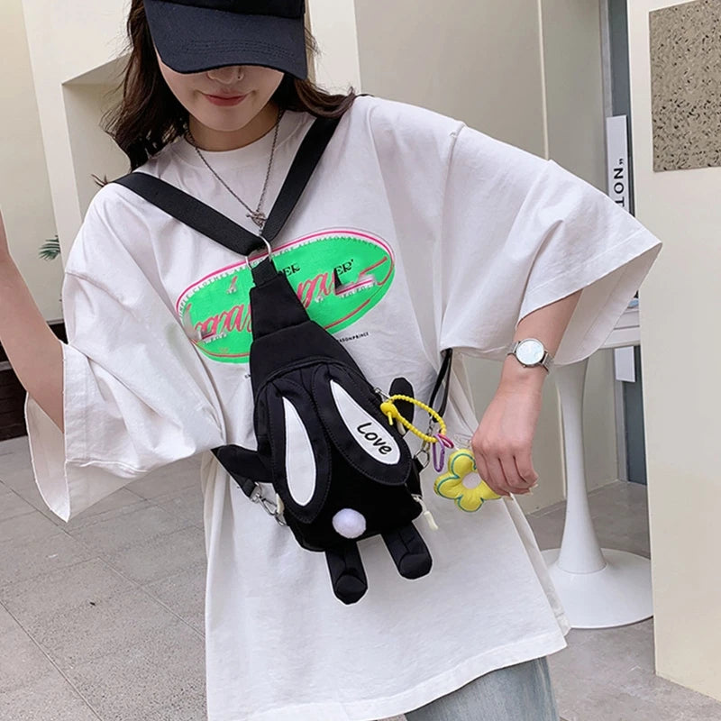 Crossbody Bag for Girls Teens Cute Anime Rabbit Backpack Canvas Shoulder Bags Large Capacity Adjustable Removable Strap