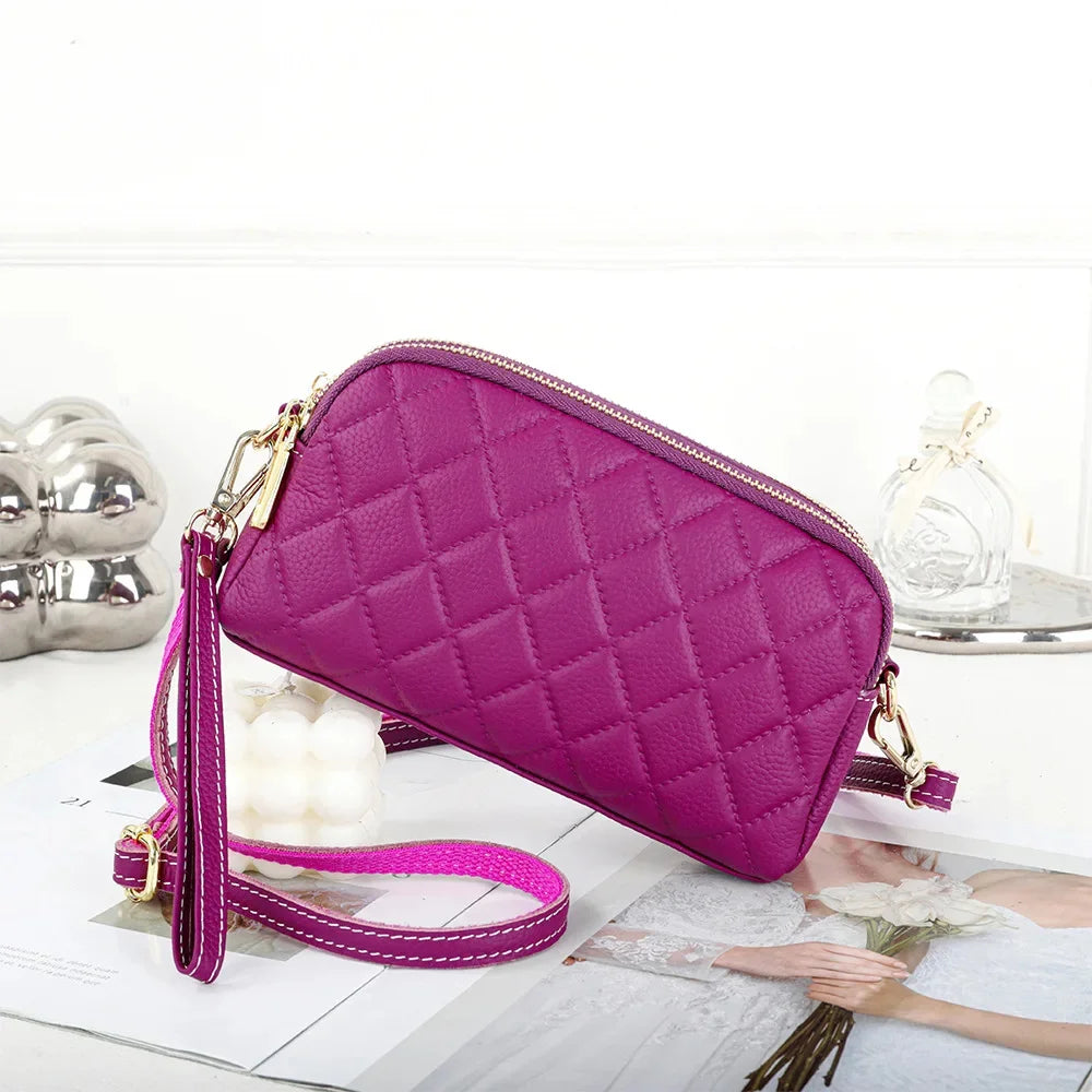 Crossbody Bags for Women Genuine Leather Trendy Purses Small Embossed Quilted Shoulder Handbag with Double Zipper Compartments