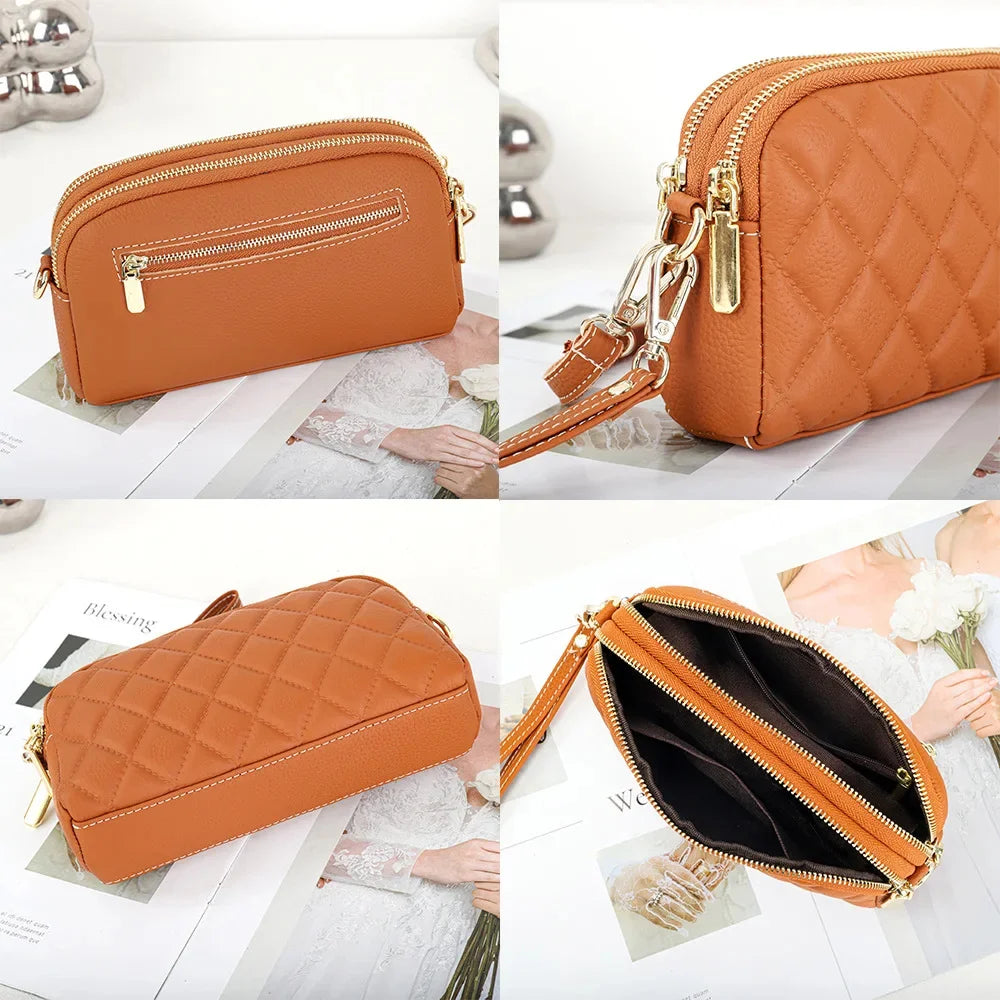 Crossbody Bags for Women Genuine Leather Trendy Purses Small Embossed Quilted Shoulder Handbag with Double Zipper Compartments
