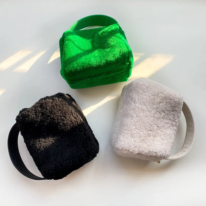 Crossbody shoulder bag 100% Lamb wool women's bag leather box bag Green lady carrying fluffy lunch box Korean soft leather bag