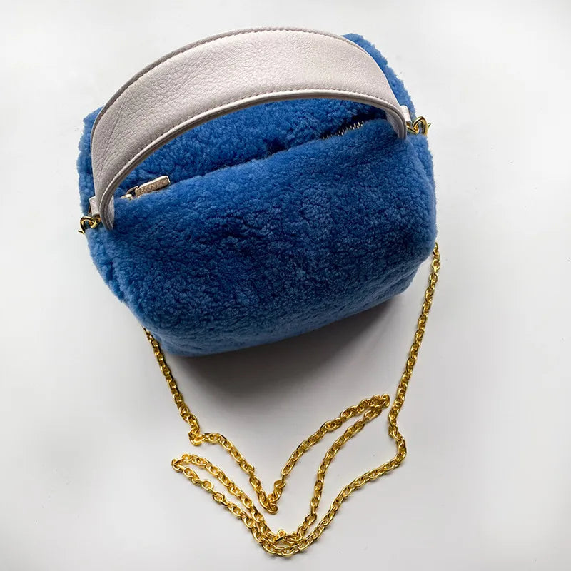 Crossbody shoulder bag 100% Lamb wool women's bag leather box bag Green lady carrying fluffy lunch box Korean soft leather bag