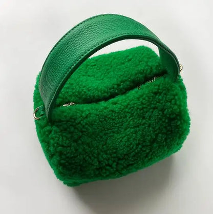 Crossbody shoulder bag 100% Lamb wool women's bag leather box bag Green lady carrying fluffy lunch box Korean soft leather bag