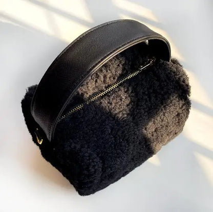 Crossbody shoulder bag 100% Lamb wool women's bag leather box bag Green lady carrying fluffy lunch box Korean soft leather bag