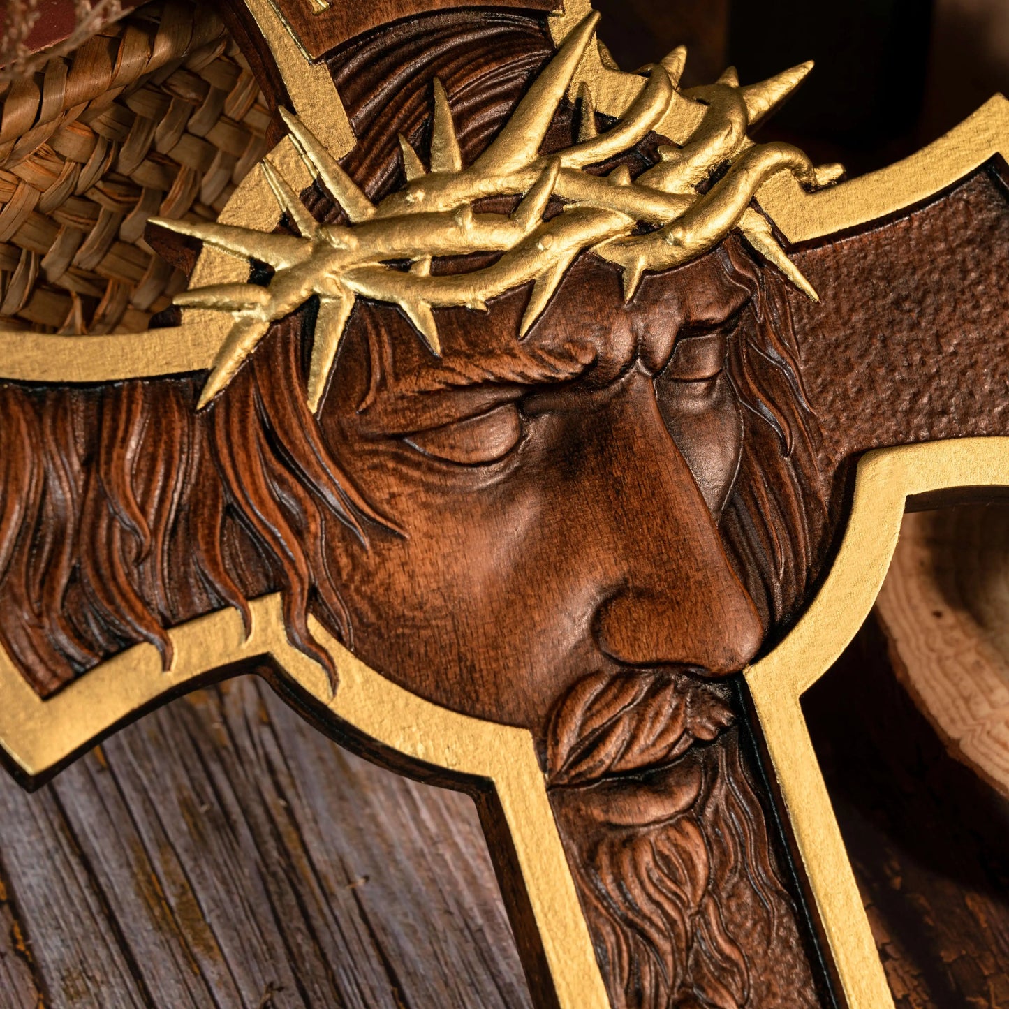 Crown of Thorns Jesus Crucifix Wooden cross, religious figure, Jesus Christ, catholic church wall decoration, christian gift