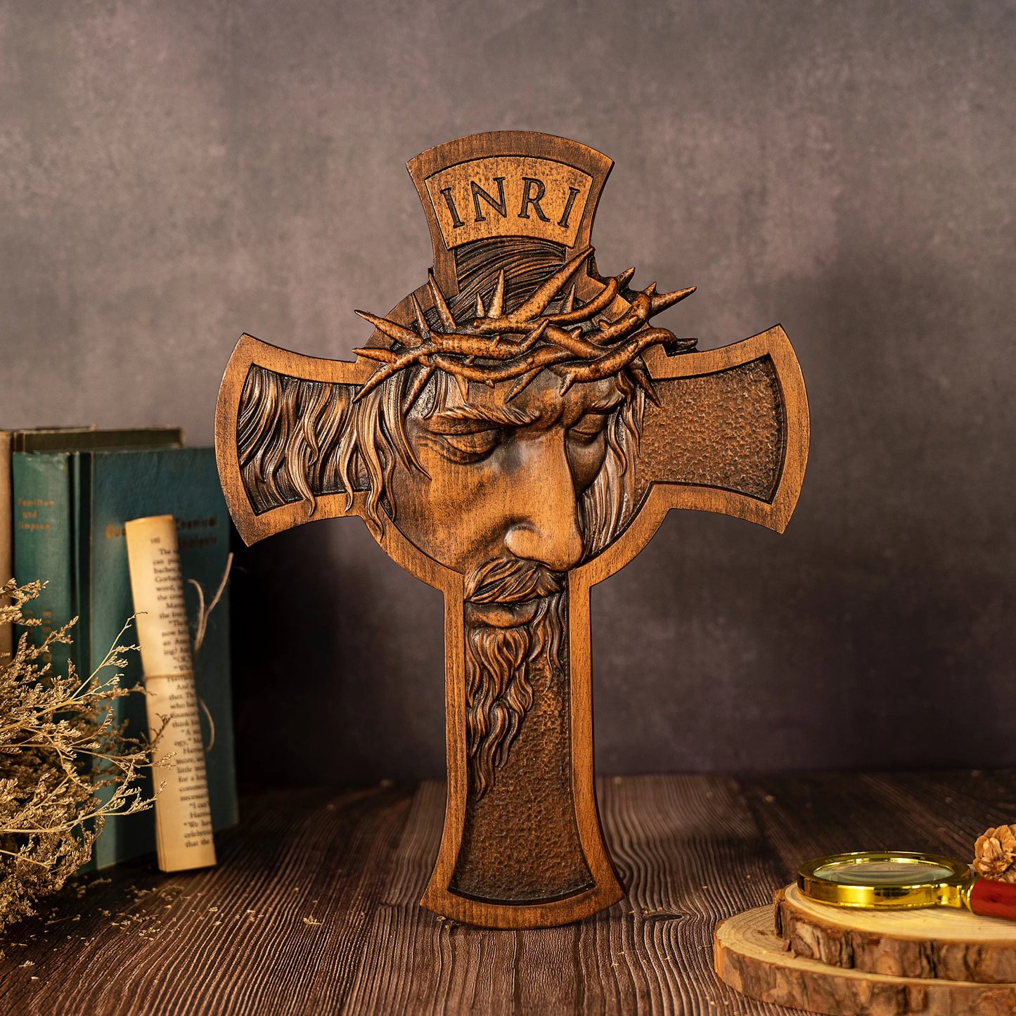 Crown of Thorns Jesus Crucifix Wooden cross, religious figure, Jesus Christ, catholic church wall decoration, christian gift