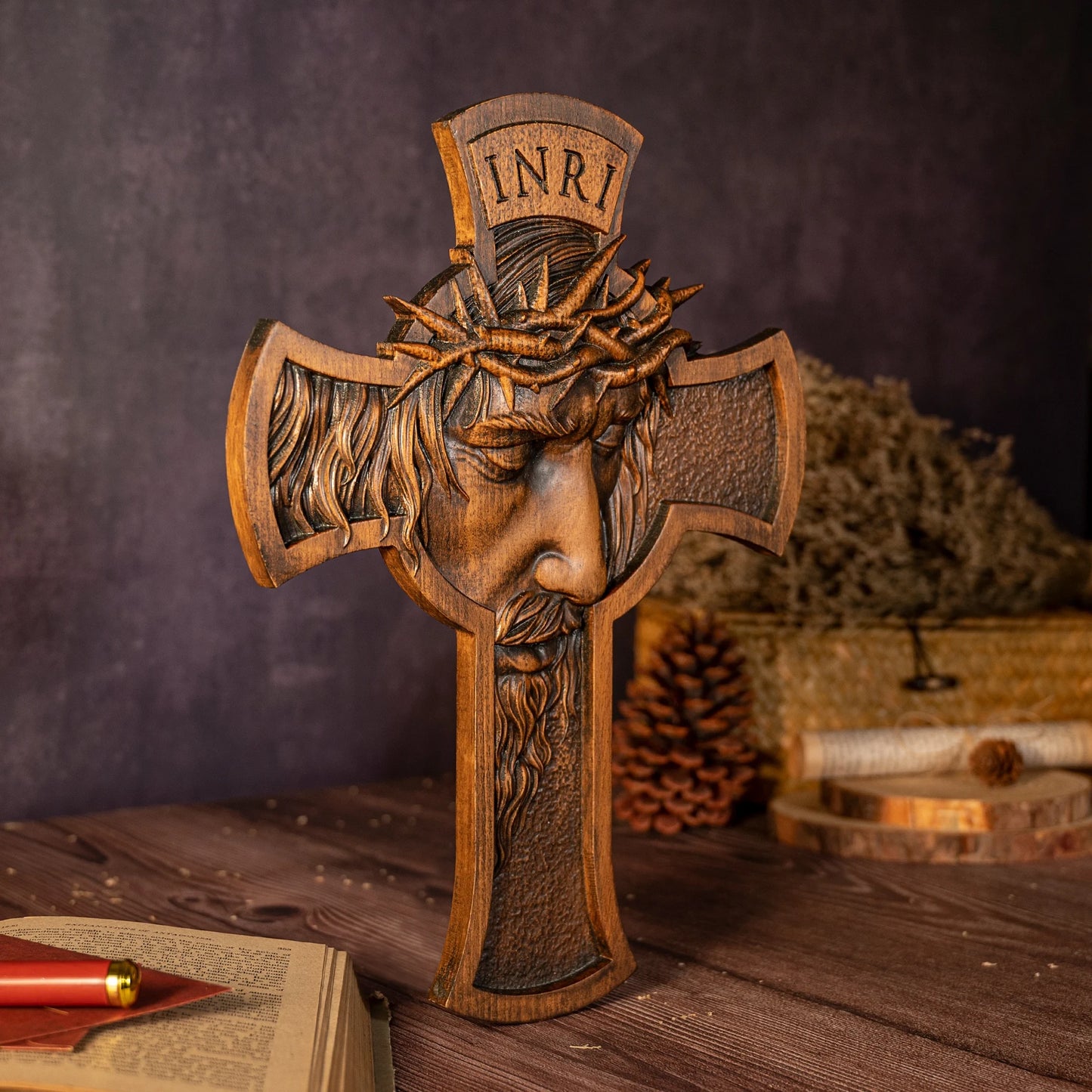 Crown of Thorns Jesus Crucifix Wooden cross, religious figure, Jesus Christ, catholic church wall decoration, christian gift
