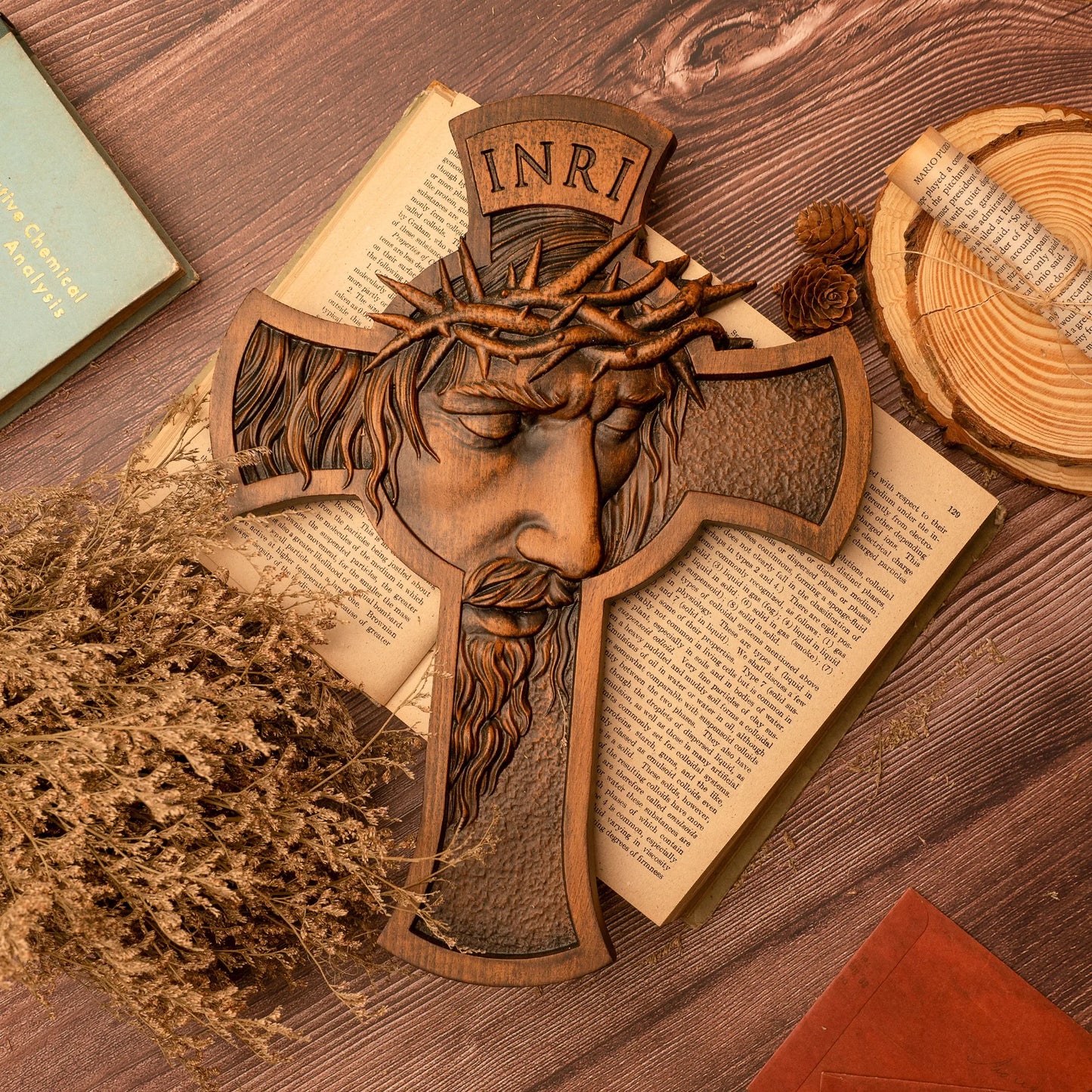 Crown of Thorns Jesus Crucifix Wooden cross, religious figure, Jesus Christ, catholic church wall decoration, christian gift