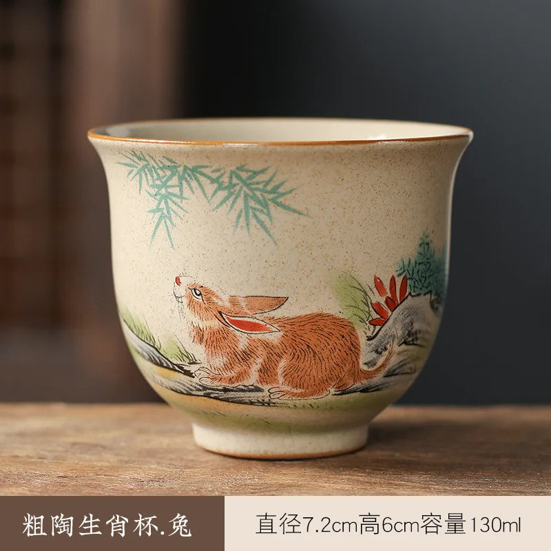 Crude Pottery Tea Set Twelve Zodiac Tea Cup Winebowl Retro Chinese Kung Fu Tea Set Tea Cup Large Handpainted Tea Bowl Teacup Set