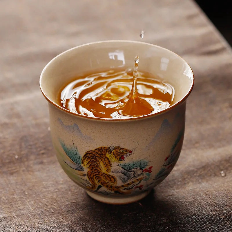 Crude Pottery Tea Set Twelve Zodiac Tea Cup Winebowl Retro Chinese Kung Fu Tea Set Tea Cup Large Handpainted Tea Bowl Teacup Set