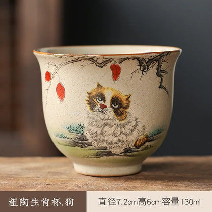 Crude Pottery Tea Set Twelve Zodiac Tea Cup Winebowl Retro Chinese Kung Fu Tea Set Tea Cup Large Handpainted Tea Bowl Teacup Set