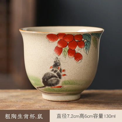 Crude Pottery Tea Set Twelve Zodiac Tea Cup Winebowl Retro Chinese Kung Fu Tea Set Tea Cup Large Handpainted Tea Bowl Teacup Set