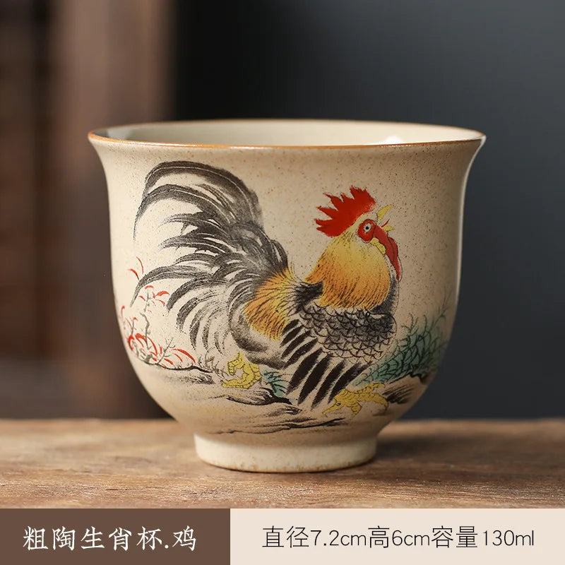 Crude Pottery Tea Set Twelve Zodiac Tea Cup Winebowl Retro Chinese Kung Fu Tea Set Tea Cup Large Handpainted Tea Bowl Teacup Set